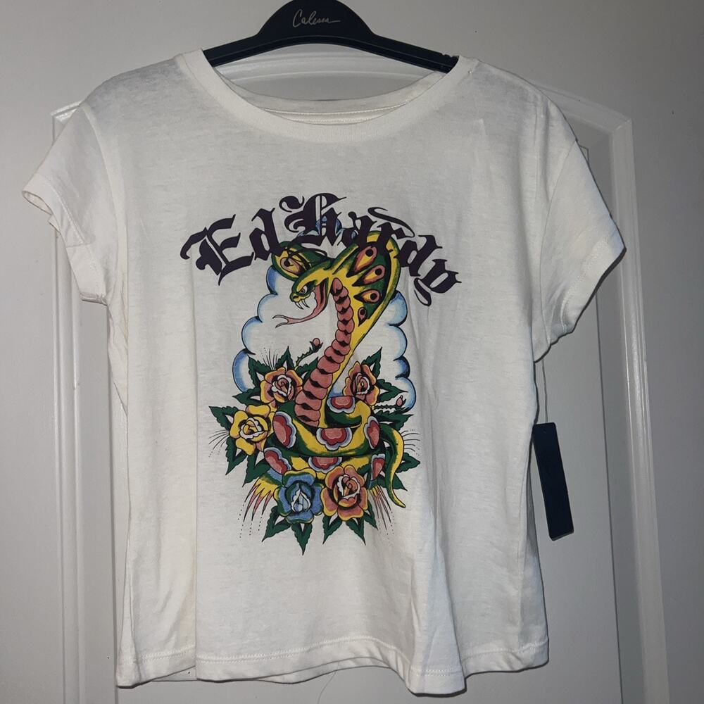 Women's Ed Hardy Cobra Burnout Cap Sleeve Tee XL White